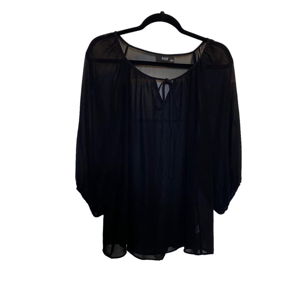 ANA A new approach women's size Large Black sheer blouse tie front 1/2 sleeve
